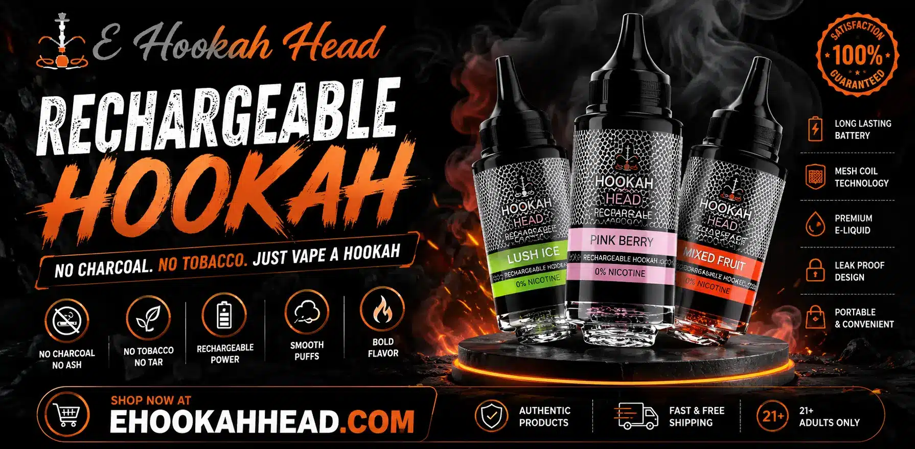 Rechargeable hookah portable electric device with sleek modern design and LED lights