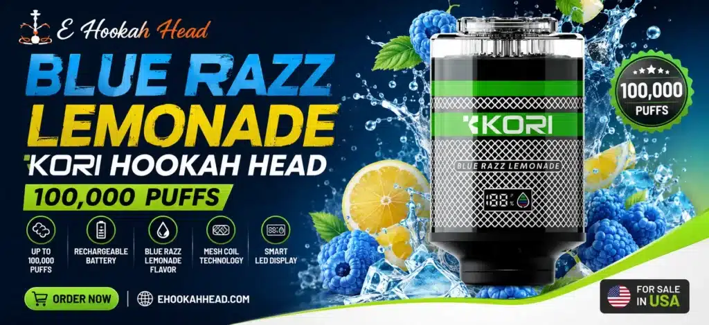 Blue Razz Lemonade Kori Hookah Head with 100,000 puffs branding and E Hookah Head logo.