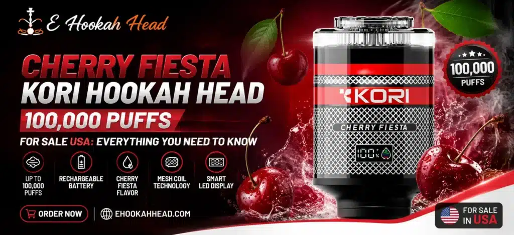 Cherry Fiesta Kori Hookah Head product displayed in a red and black promotional banner with cherry-themed graphics.