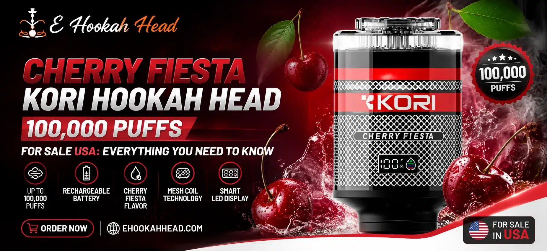 Cherry Fiesta Kori Hookah Head product displayed in a red and black promotional banner with cherry-themed graphics.