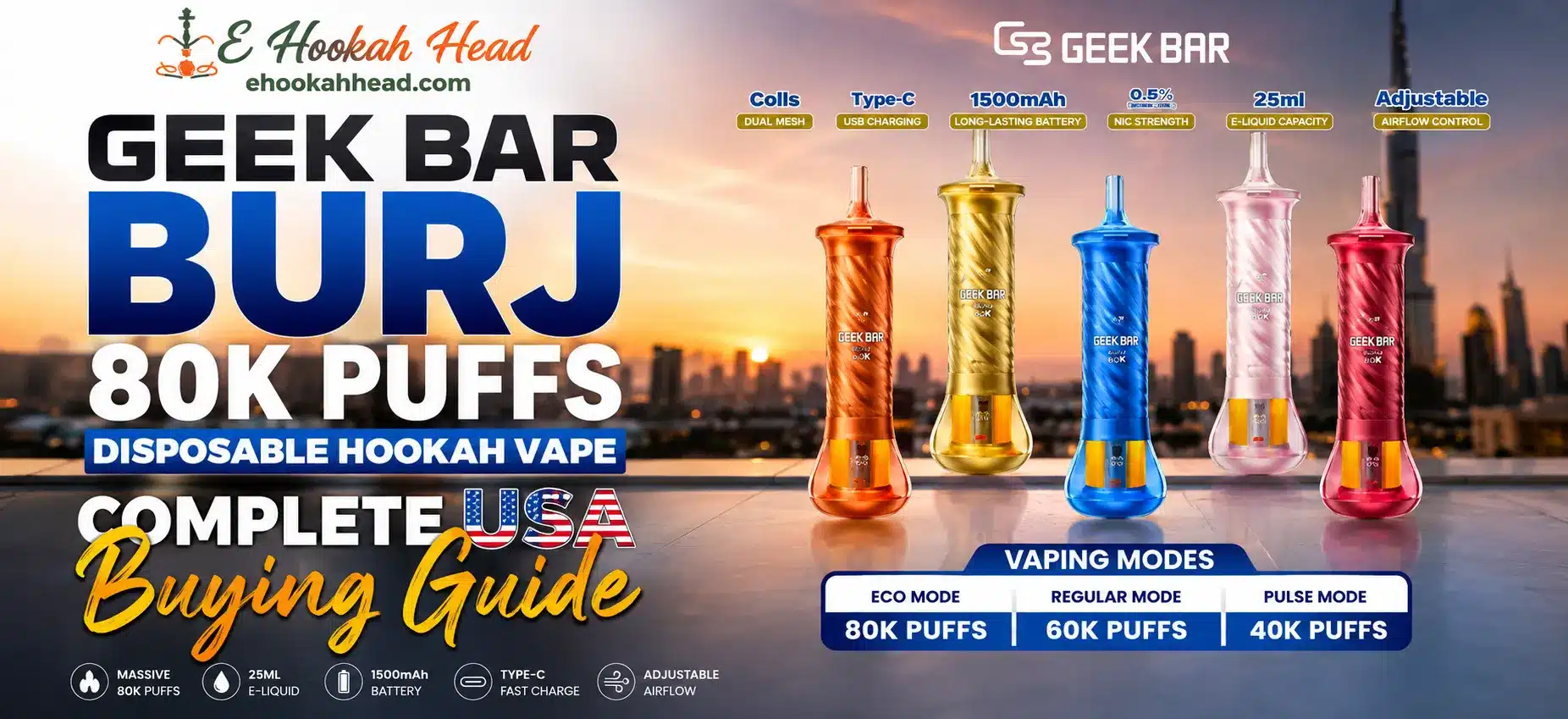 Geek Bar Burj 80K Puffs disposable hookah vape in multiple colors with 80K puff, 25ml e-liquid, 1500mAh battery, and adjustable airflow features