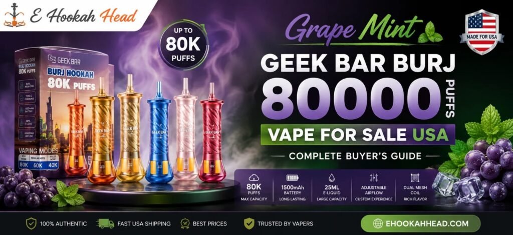 Grape Mint Geek Bar Burj 80000 Puffs disposable vape with premium grape and mint flavor for sale in the USA