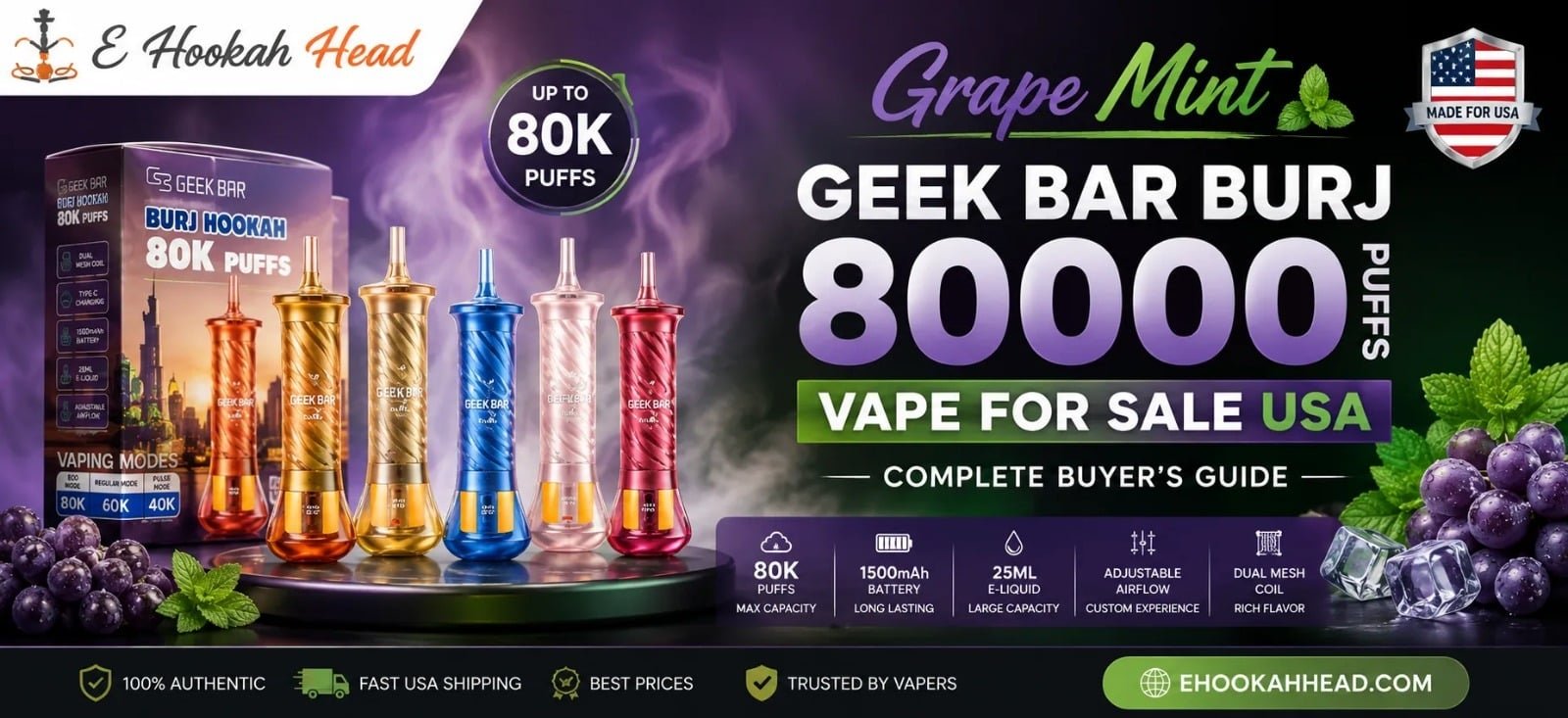 Grape Mint Geek Bar Burj 80000 Puffs disposable vape with premium grape and mint flavor for sale in the USA