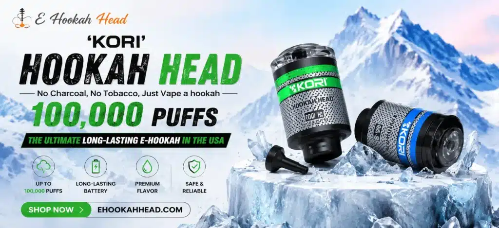 Kori Hookah Head 100,000 Puffs e-hookah with green and blue models displayed against a snowy mountain background
