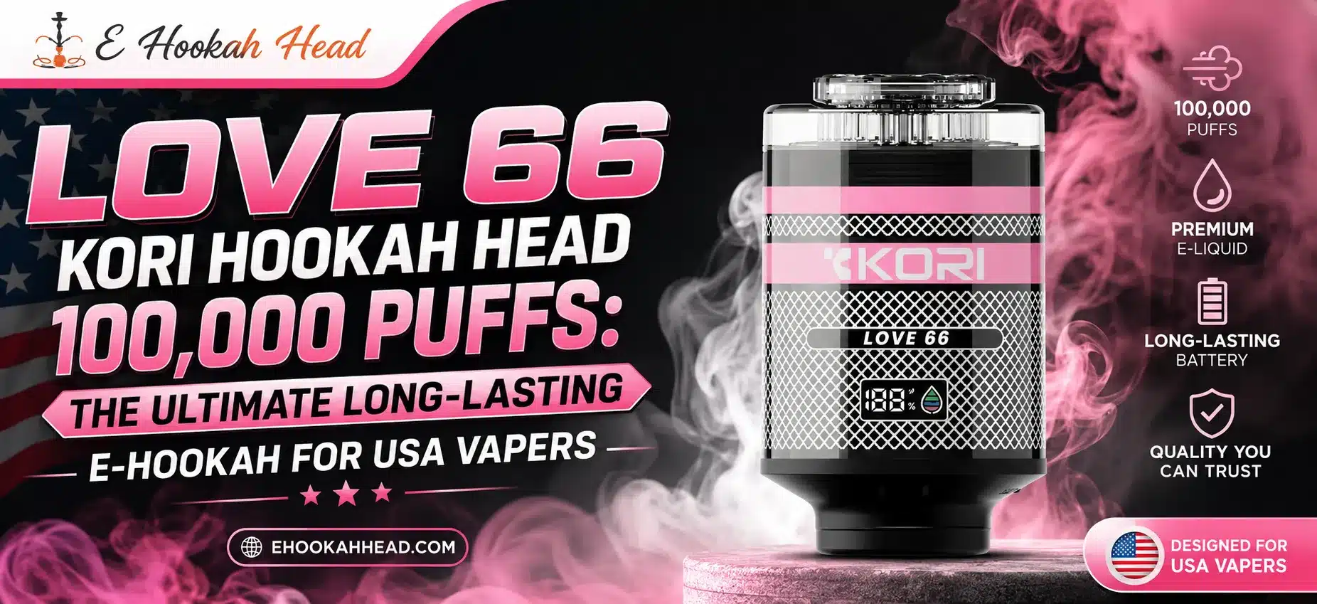 Love 66 Kori Hookah Head 100000 Puffs featuring premium e-liquid, long-lasting battery, and a pink and black design