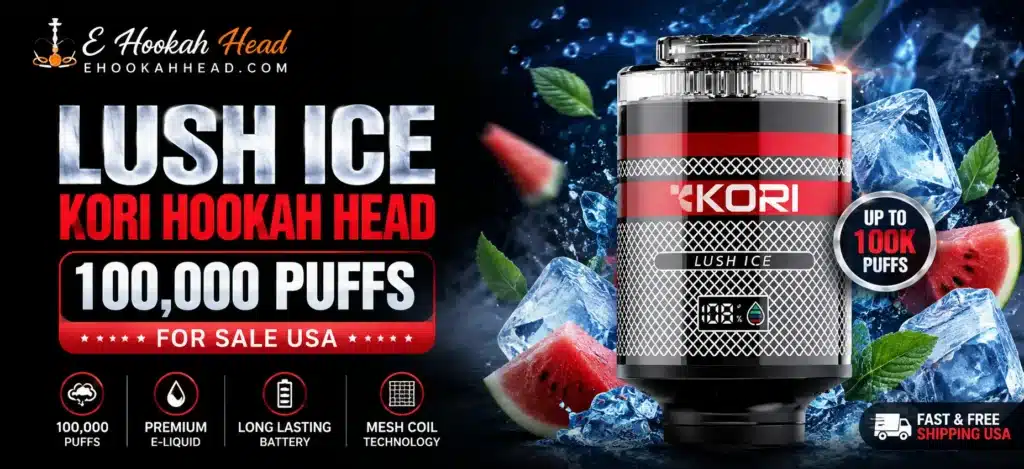 Lush Ice Kori Hookah Head 100000 Puffs featuring a refreshing icy flavor, premium e-liquid, long-lasting battery, and mesh coil technology