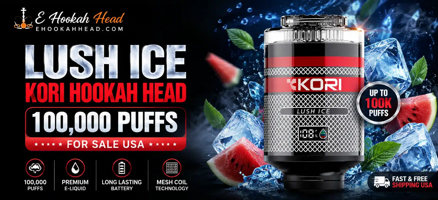 Lush Ice Kori Hookah Head 100000 Puffs featuring a refreshing icy flavor, premium e-liquid, long-lasting battery, and mesh coil technology