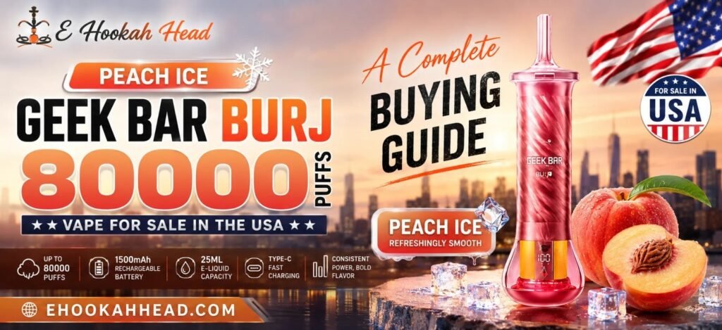 Peach Ice Geek Bar Burj 80,000 Puffs disposable vape with peach ice flavor, 1500mAh rechargeable battery, 25ml e-liquid, and Type-C charging