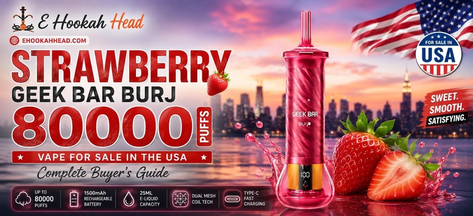 Strawberry Geek Bar Burj 80000 Puffs vape for sale in the USA with strawberry flavor and rechargeable battery