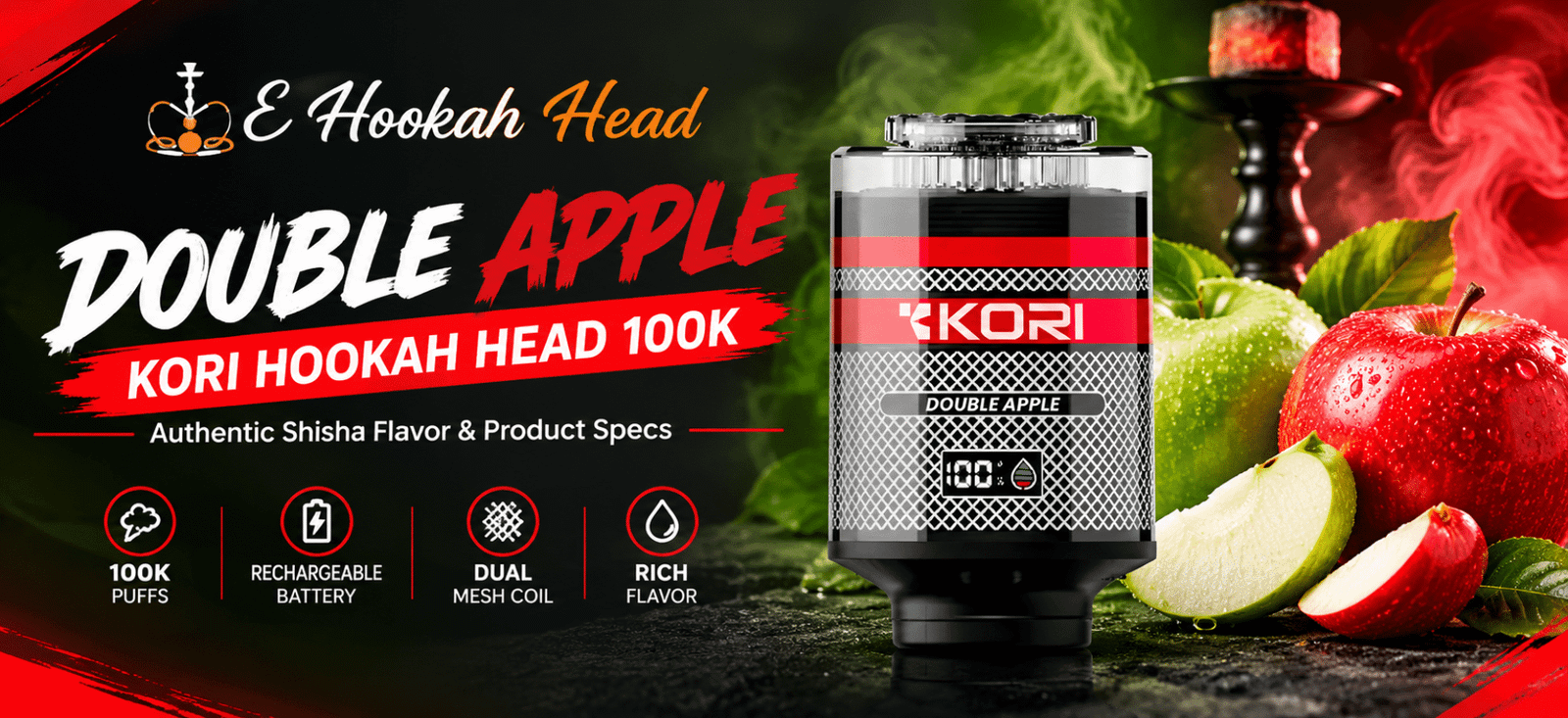 Double Apple Kori Hookah Head 100K featuring authentic shisha flavor design and product details.
