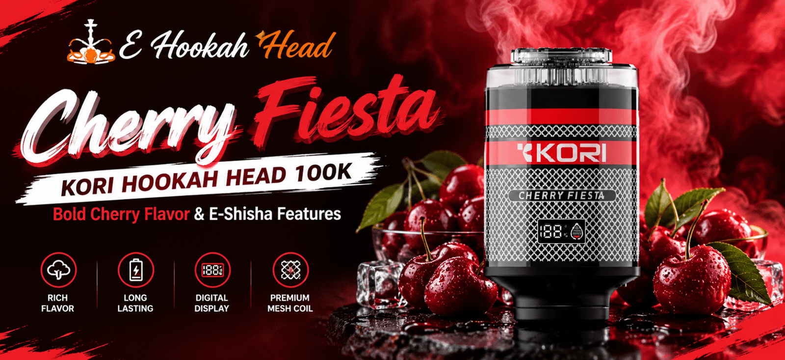 Cherry Fiesta Kori Hookah Head 100K featuring bold cherry flavor and premium e-shisha design.